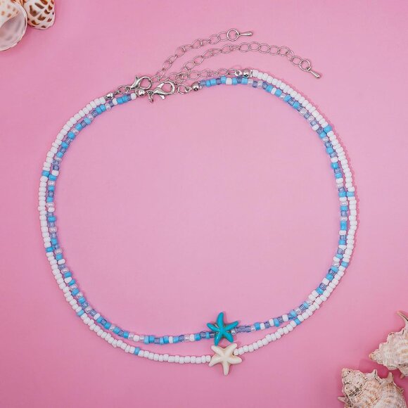 Bohemian Beaded Necklace for Women Layered Choker with Blue Starfish Pendant - Picture 5 of 6